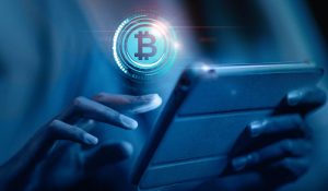 A digital dashboard displaying blockchain transaction analytics, smart contract code snippets, and security compliance icons.