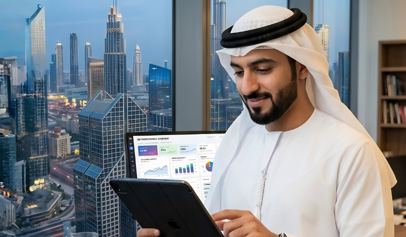 Dubai skyline background featuring text overlay about the AED 1 billion economic support package and business stimulus measures for 2026.